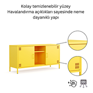 Pera Tv Ünitesi, Tv Dolabı,2 Kapaklı, Açık Raflı 130,50 X 40 X 64,50 Cm - Ral 1018 Sarı