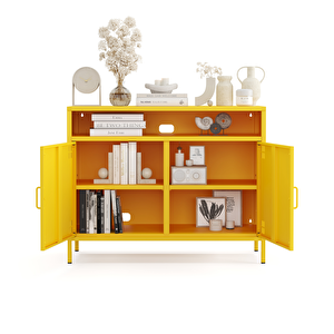 Pera Tv Ünitesi, Tv Dolabı,2 Kapaklı, Açık Raflı 100,50 X 40 X 79,50 Cm - Ral 1018 Sarı