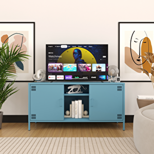 Pera Tv Ünitesi, Tv Dolabı,2 Kapaklı, Açık Raflı 130,50 X 40 X 64,50 Cm - Ral 5024 Mavi Ral 5024