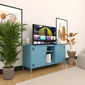 Pera Tv Ünitesi, Tv Dolabı,2 Kapaklı, Açık Raflı 130,50 X 40 X 64,50 Cm - Ral 5024 Mavi Ral 5024