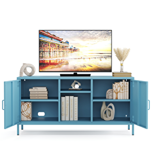 Pera Tv Ünitesi, Tv Dolabı,2 Kapaklı, Açık Raflı 130,50 X 40 X 64,50 Cm - Ral 5024 Mavi Ral 5024