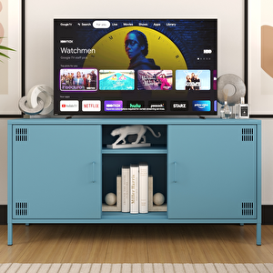 Pera Tv Ünitesi, Tv Dolabı,2 Kapaklı, Açık Raflı 130,50 X 40 X 64,50 Cm - Ral 5024 Mavi Ral 5024