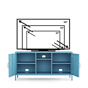 Pera Tv Ünitesi, Tv Dolabı,2 Kapaklı, Açık Raflı 130,50 X 40 X 64,50 Cm - Ral 5024 Mavi