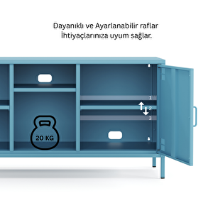 Pera Tv Ünitesi, Tv Dolabı,2 Kapaklı, Açık Raflı 130,50 X 40 X 64,50 Cm - Ral 5024 Mavi