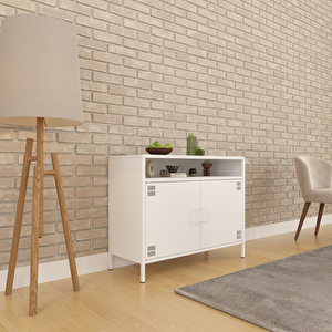Pera Tv Ünitesi, Tv Dolabı,2 Kapaklı, Açık Raflı 100,50 X 40 X 79,50 Cm - Ral 9016 Beyaz Beyaz
