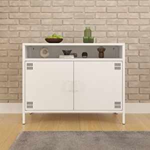 Pera Tv Ünitesi, Tv Dolabı,2 Kapaklı, Açık Raflı 100,50 X 40 X 79,50 Cm - Ral 9016 Beyaz Beyaz