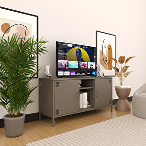 Pera Tv Ünitesi, Tv Dolabı,2 Kapaklı, Açık Raflı 130,50 X 40 X 64,50 Cm - Ral 7039 Antrasit Ral 7039