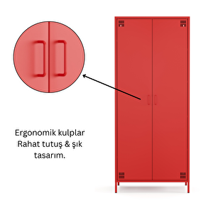 Pera Metal Elbise Dolabı, Soyunma Dolabı, İki Kapılı, 80,50 X 50 X 189,50 Cm - Ral 3020 Kırmızı