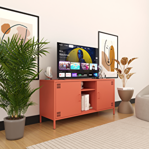 Tv Ünitesi, Tv Dolabı,2 Kapaklı, Açık Raflı 130,50 X 40 X 64,50 Cm - Ral 3022 Somon Somon