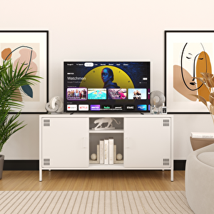 Pera Tv Ünitesi, Tv Dolabı,2 Kapaklı, Açık Raflı 130,50 X 40 X 64,50 Cm - Ral 9016 Beyaz Ral 9016