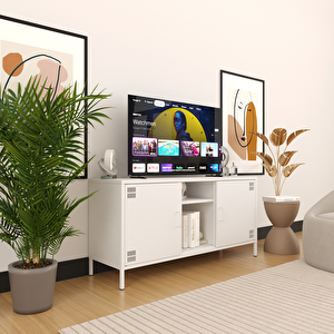 Pera Tv Ünitesi, Tv Dolabı,2 Kapaklı, Açık Raflı 130,50 X 40 X 64,50 Cm - Ral 9016 Beyaz Ral 9016