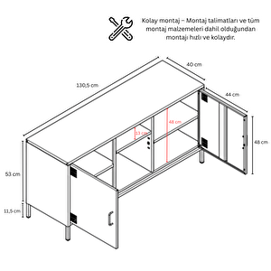 Pera Tv Ünitesi, Tv Dolabı,2 Kapaklı, Açık Raflı 130,50 X 40 X 64,50 Cm - Ral 9016 Beyaz Ral 9016