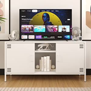 Pera Tv Ünitesi, Tv Dolabı,2 Kapaklı, Açık Raflı 130,50 X 40 X 64,50 Cm - Ral 9016 Beyaz Ral 9016