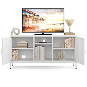 Pera Tv Ünitesi, Tv Dolabı,2 Kapaklı, Açık Raflı 130,50 X 40 X 64,50 Cm - Ral 9016 Beyaz