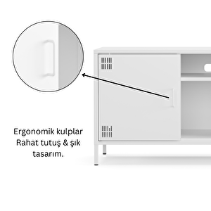 Pera Tv Ünitesi, Tv Dolabı,2 Kapaklı, Açık Raflı 130,50 X 40 X 64,50 Cm - Ral 9016 Beyaz