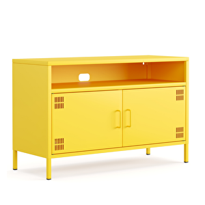 Pera Tv Ünitesi, Tv Dolabı,2 Kapaklı, Açık Raflı 100,50 X 40 X 64,50 Cm - Ral 1018 Sarı Ral 1018