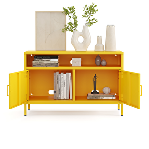 Pera Tv Ünitesi, Tv Dolabı,2 Kapaklı, Açık Raflı 100,50 X 40 X 64,50 Cm - Ral 1018 Sarı