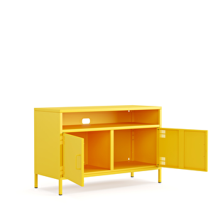 Pera Tv Ünitesi, Tv Dolabı,2 Kapaklı, Açık Raflı 100,50 X 40 X 64,50 Cm - Ral 1018 Sarı