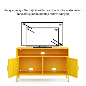 Pera Tv Ünitesi, Tv Dolabı,2 Kapaklı, Açık Raflı 100,50 X 40 X 64,50 Cm - Ral 1018 Sarı