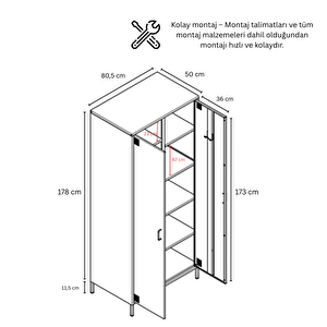 Pera Metal Elbise Dolabı, Soyunma Dolabı, İki Kapılı, 80,50 X 50 X 189,50 Cm - Ral 7016 Antrasit Antrasit