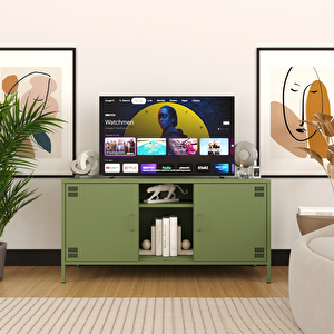 Pera Tv Ünitesi, Tv Dolabı,2 Kapaklı, Açık Raflı 130,50 X 40 X 64,50 Cm - Ral 6011 Yeşil Ral 6011