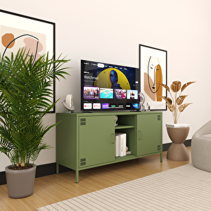Pera Tv Ünitesi, Tv Dolabı,2 Kapaklı, Açık Raflı 130,50 X 40 X 64,50 Cm - Ral 6011 Yeşil Ral 6011