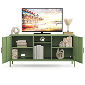 Pera Tv Ünitesi, Tv Dolabı,2 Kapaklı, Açık Raflı 130,50 X 40 X 64,50 Cm - Ral 6011 Yeşil