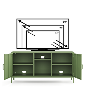 Pera Tv Ünitesi, Tv Dolabı,2 Kapaklı, Açık Raflı 130,50 X 40 X 64,50 Cm - Ral 6011 Yeşil