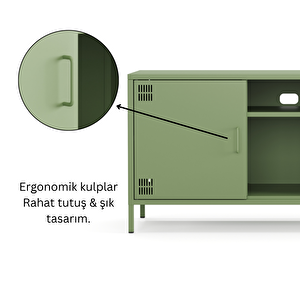 Pera Tv Ünitesi, Tv Dolabı,2 Kapaklı, Açık Raflı 130,50 X 40 X 64,50 Cm - Ral 6011 Yeşil