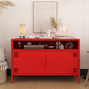 Pera Tv Ünitesi, Tv Dolabı,2 Kapaklı, Açık Raflı 100,50 X 40 X 64,50 Cm - Ral 3020 Kırmızı