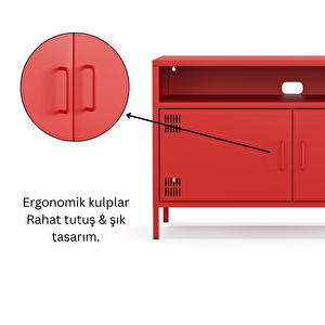 Pera Tv Ünitesi, Tv Dolabı,2 Kapaklı, Açık Raflı 100,50 X 40 X 64,50 Cm - Ral 3020 Kırmızı