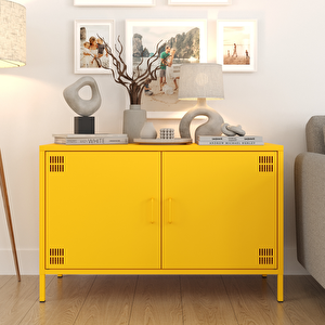Pera Tv Ünitesi, Tv Dolabı,2 Kapaklı Dolap 100,50 X 40 X 64,50 Cm - Ral 1018 Sarı Ral 1018