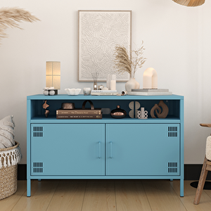 Pera Tv Ünitesi, Tv Dolabı,2 Kapaklı, Açık Raflı 100,50 X 40 X 64,50 Cm - Ral 5024 Mavi Ral 5024