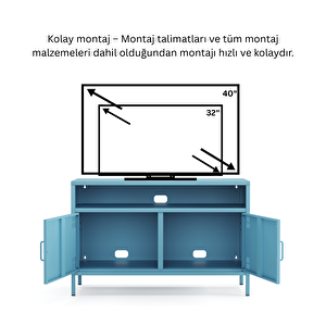 Pera Tv Ünitesi, Tv Dolabı,2 Kapaklı, Açık Raflı 100,50 X 40 X 64,50 Cm - Ral 5024 Mavi