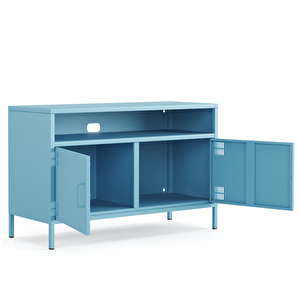 Pera Tv Ünitesi, Tv Dolabı,2 Kapaklı, Açık Raflı 100,50 X 40 X 64,50 Cm - Ral 5024 Mavi