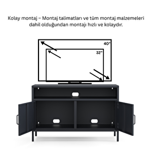 Pera Tv Ünitesi, Tv Dolabı,2 Kapaklı, Açık Raflı 100,50 X 40 X 64,50 Cm - Ral 7016 Antrasit