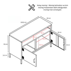 Pera Tv Ünitesi, Tv Dolabı,2 Kapaklı, Açık Raflı 100,50 X 40 X 64,50 Cm - Ral 9016 Beyaz Ral 9016