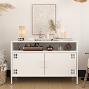 Pera Tv Ünitesi, Tv Dolabı,2 Kapaklı, Açık Raflı 100,50 X 40 X 64,50 Cm - Ral 9016 Beyaz Ral 9016