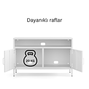 Pera Tv Ünitesi, Tv Dolabı,2 Kapaklı, Açık Raflı 100,50 X 40 X 64,50 Cm - Ral 9016 Beyaz