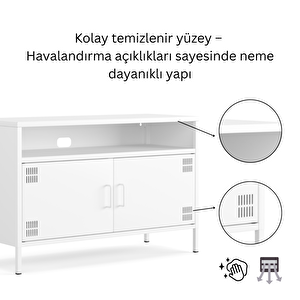 Pera Tv Ünitesi, Tv Dolabı,2 Kapaklı, Açık Raflı 100,50 X 40 X 64,50 Cm - Ral 9016 Beyaz