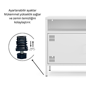 Pera Tv Ünitesi, Tv Dolabı,2 Kapaklı, Açık Raflı 100,50 X 40 X 64,50 Cm - Ral 9016 Beyaz