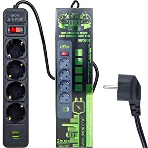 İronstar Irp3000 2 Metre Çift Usb Den Şarjlı Dörtlü Akım Korumalı Priz