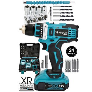 Power Toolsassur Plus Profesional 58 Vf Çelik Şanzıman 24 Parça Şarjlı Matkap Set