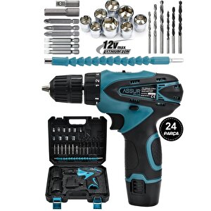 Assur Plus 12v 1.5ah Çift Akülü Vidalama Şarjlı Matkap 24 Parça