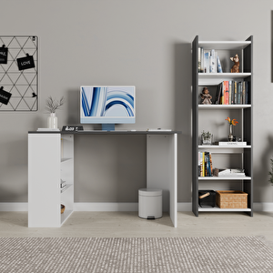 Rozbo Çalışma Masası Ve 5 Raflı Kitaplık Takımı - 120x60x75 Cm + 45x22x160 Cm