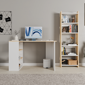 Rozbo Çalışma Masası Ve 5 Raflı Kitaplık Takımı - 120x60x75 Cm + 45x22x160 Cm