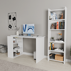 Rozbo Çalışma Masası Ve 5 Raflı Kitaplık Takımı - 120x60x75 Cm + 45x22x160 Cm Beyaz