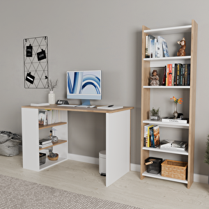Rozbo Çalışma Masası Ve 5 Raflı Kitaplık Takımı - 120x60x75 Cm + 45x22x160 Cm Beyaz