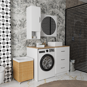 120 Cm Çekmeceli Banyo Dolabı Takımı - Alt Modül, Ayna, Yan Dolap Ve Lavabo Dahil