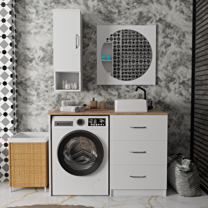 120 Cm Çekmeceli Banyo Dolabı Takımı - Alt Modül, Ayna, Yan Dolap Ve Lavabo Dahil